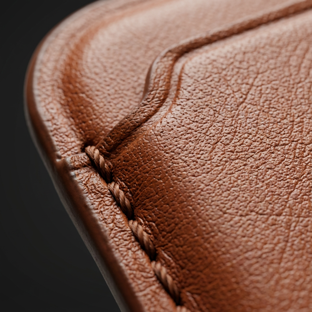 Close-up of brown leather with visible stitching on a dark background
