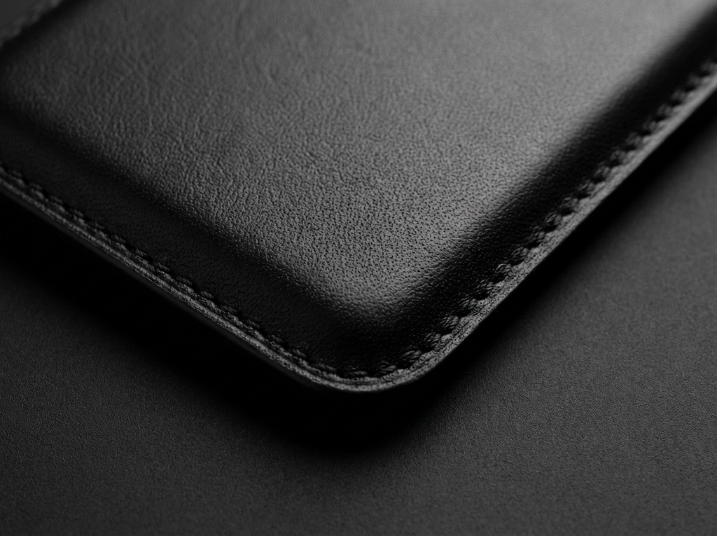 Close-up of a black leather product with visible stitching on a dark background