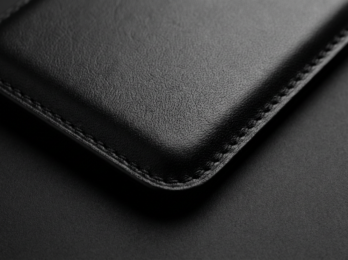 Close-up of a black leather product with visible stitching on a dark background